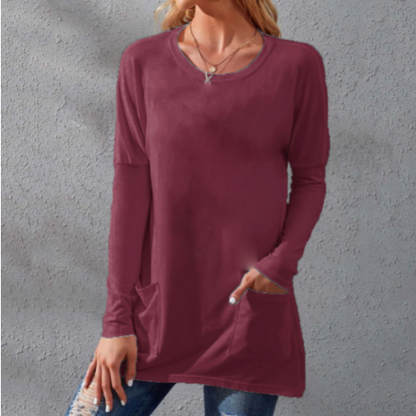 Women's Casual Long Sleeve T-Shirt with Round Neck Pocket