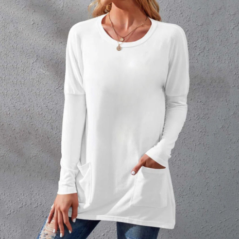 Women's Casual Long Sleeve T-Shirt with Round Neck Pocket