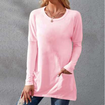Women's Casual Long Sleeve T-Shirt with Round Neck Pocket