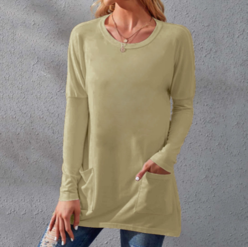 Women's Casual Long Sleeve T-Shirt with Round Neck Pocket