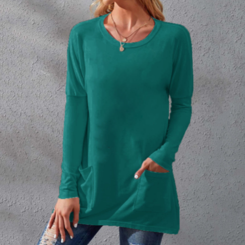 Women's Casual Long Sleeve T-Shirt with Round Neck Pocket