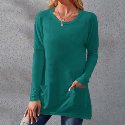 Women's Casual Long Sleeve T-Shirt with Round Neck Pocket