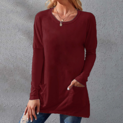 Women's Casual Long Sleeve T-Shirt with Round Neck Pocket
