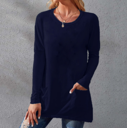 Women's Casual Long Sleeve T-Shirt with Round Neck Pocket