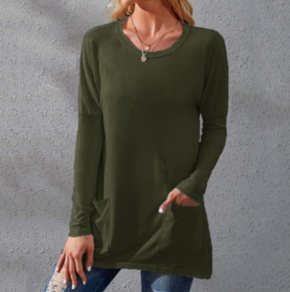 Women's Casual Long Sleeve T-Shirt with Round Neck Pocket