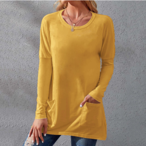 Women's Casual Long Sleeve T-Shirt with Round Neck Pocket