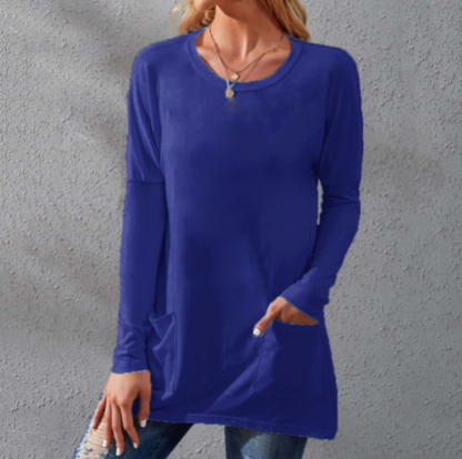 Women's Casual Long Sleeve T-Shirt with Round Neck Pocket