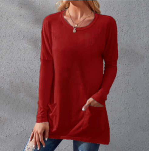 Women's Casual Long Sleeve T-Shirt with Round Neck Pocket