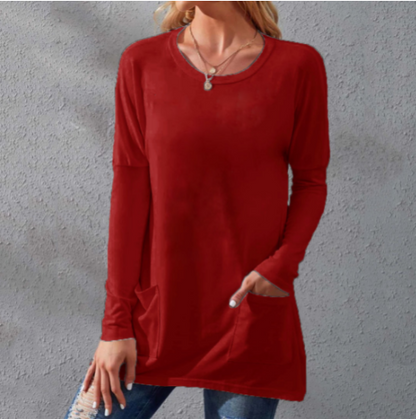 Women's Casual Long Sleeve T-Shirt with Round Neck Pocket
