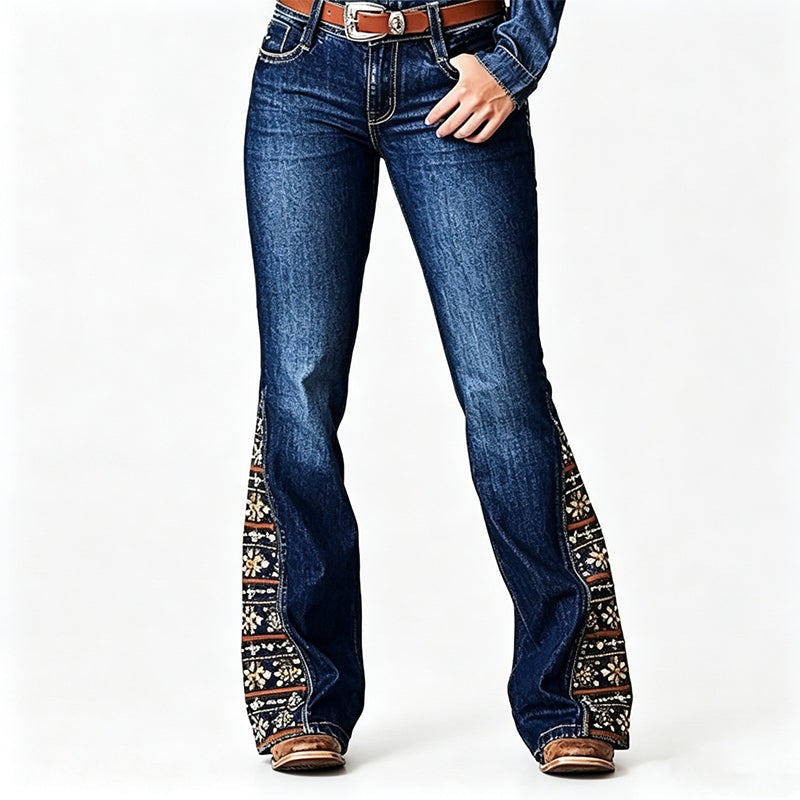 Women's Retro Flared Jeans with Bohemian Print