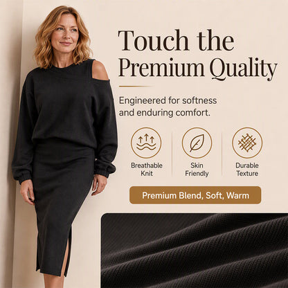 Women's Slanted Shoulder Sweatshirt & Sleeveless Dress Set