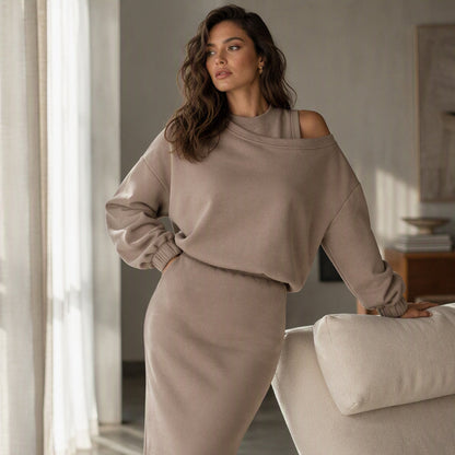 Women's Slanted Shoulder Sweatshirt & Sleeveless Dress Set
