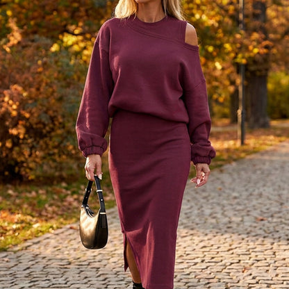 Women's Slanted Shoulder Sweatshirt & Sleeveless Dress Set