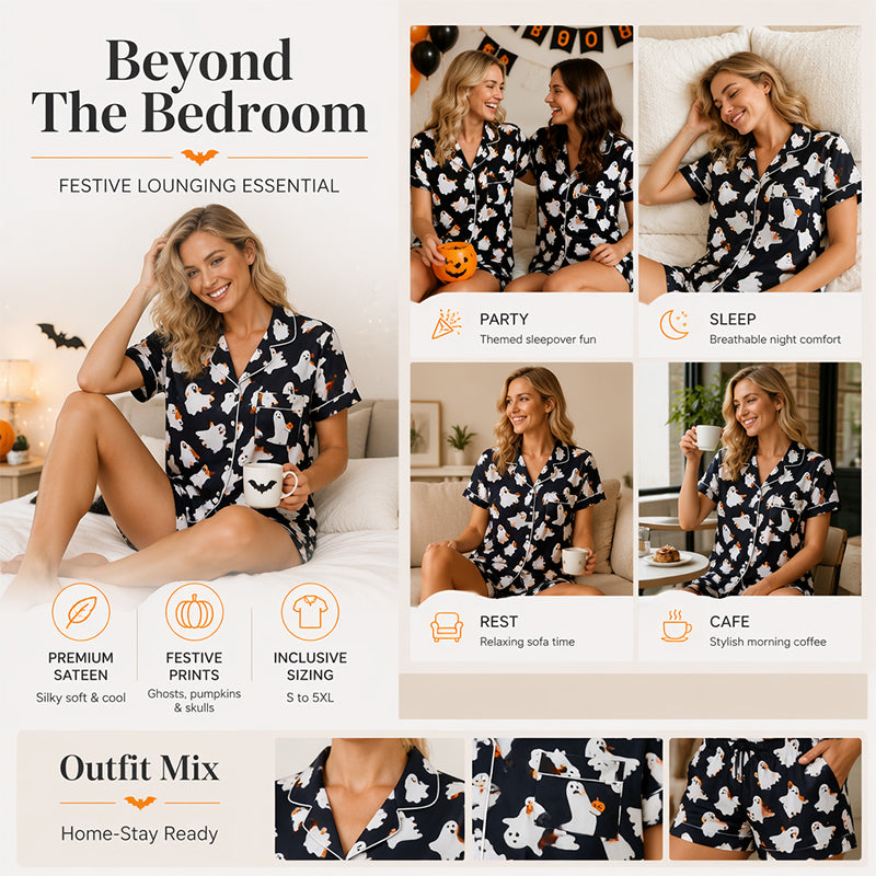 Women's Halloween Print Pajama Set Notch Lapel Short Sleeve Loungewear