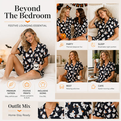 Women's Halloween Print Pajama Set Notch Lapel Short Sleeve Loungewear