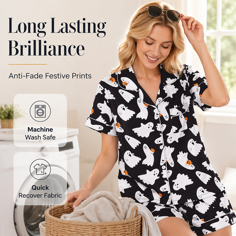 Women's Halloween Print Pajama Set Notch Lapel Short Sleeve Loungewear