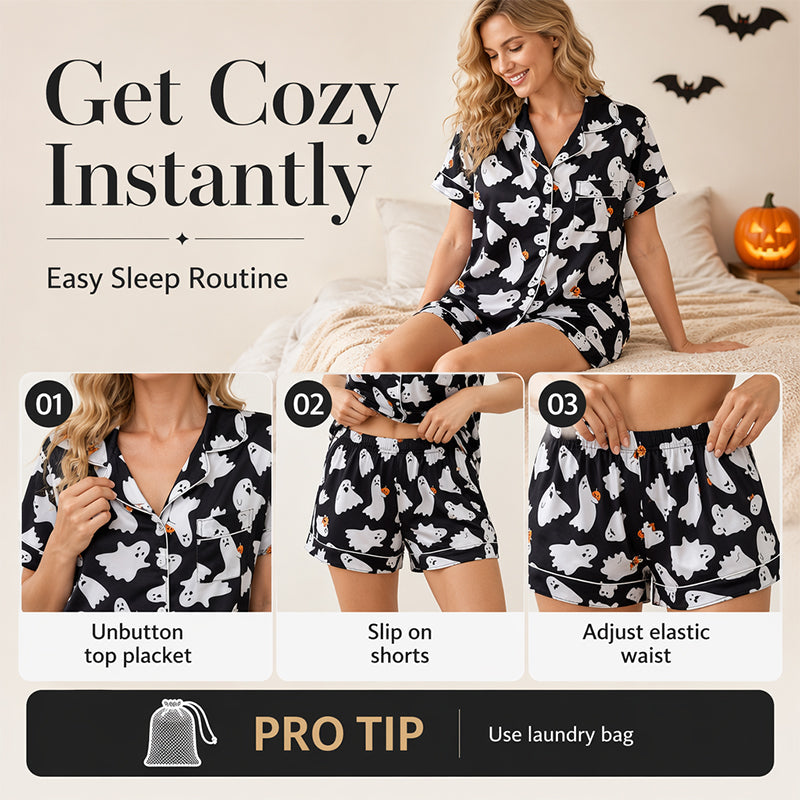 Women's Halloween Print Pajama Set Notch Lapel Short Sleeve Loungewear