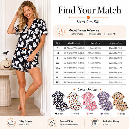 Women's Halloween Print Pajama Set Notch Lapel Short Sleeve Loungewear