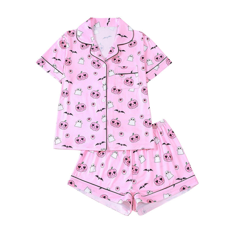 Women's Halloween Print Pajama Set Notch Lapel Short Sleeve Loungewear