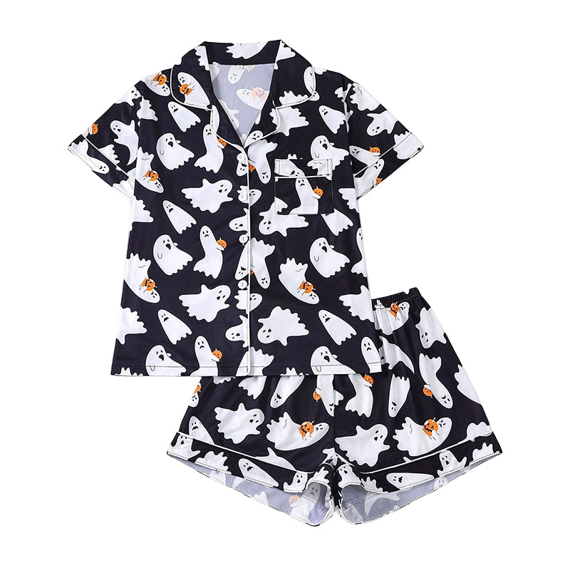 Women's Halloween Print Pajama Set Notch Lapel Short Sleeve Loungewear