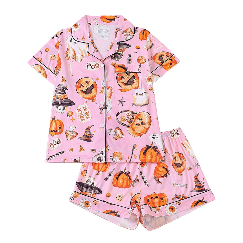 Women's Halloween Print Pajama Set Notch Lapel Short Sleeve Loungewear