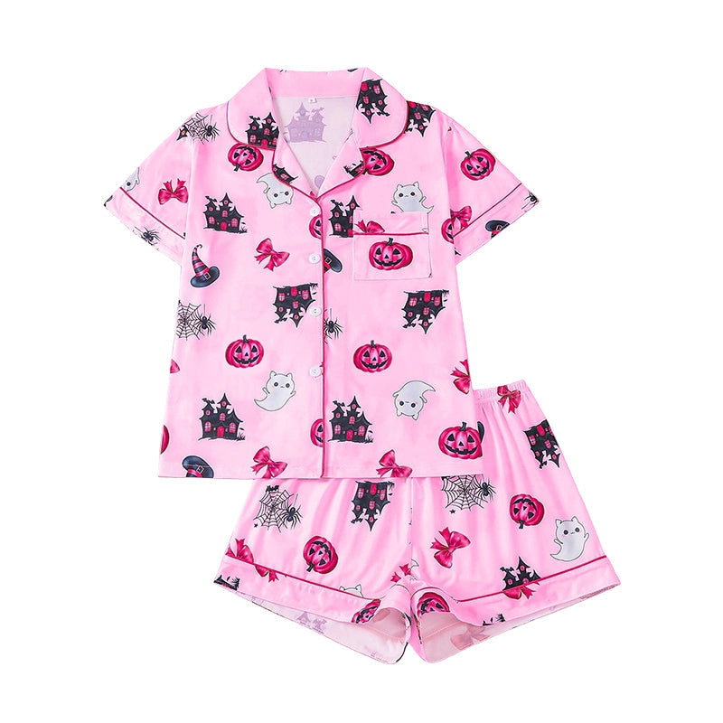 Women's Halloween Print Pajama Set Notch Lapel Short Sleeve Loungewear
