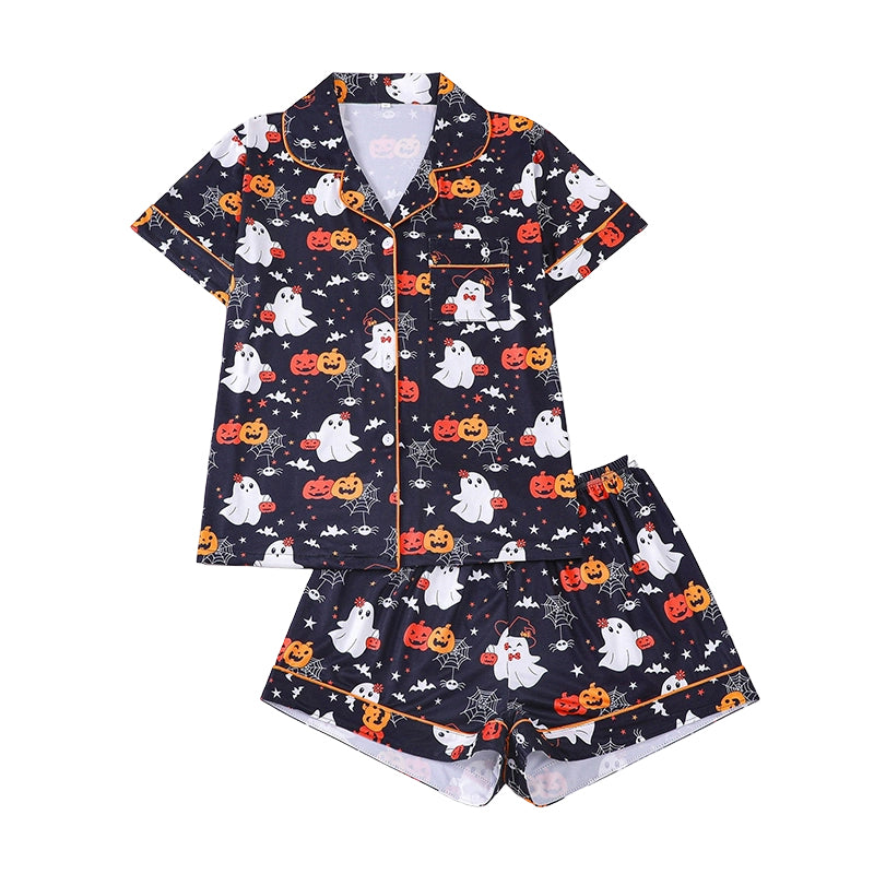 Women's Halloween Print Pajama Set Notch Lapel Short Sleeve Loungewear