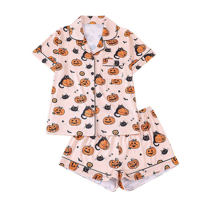 Women's Halloween Print Pajama Set Notch Lapel Short Sleeve Loungewear