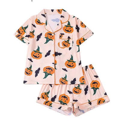 Women's Halloween Print Pajama Set Notch Lapel Short Sleeve Loungewear