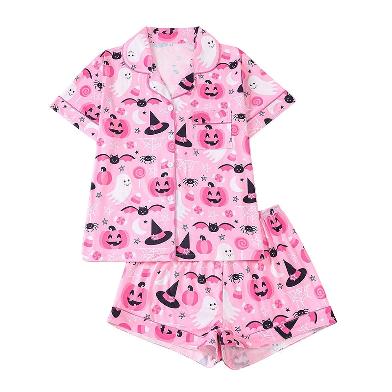 Women's Halloween Print Pajama Set Notch Lapel Short Sleeve Loungewear