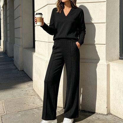 Women's Casual V-Neck Top & Wide-Leg Pants