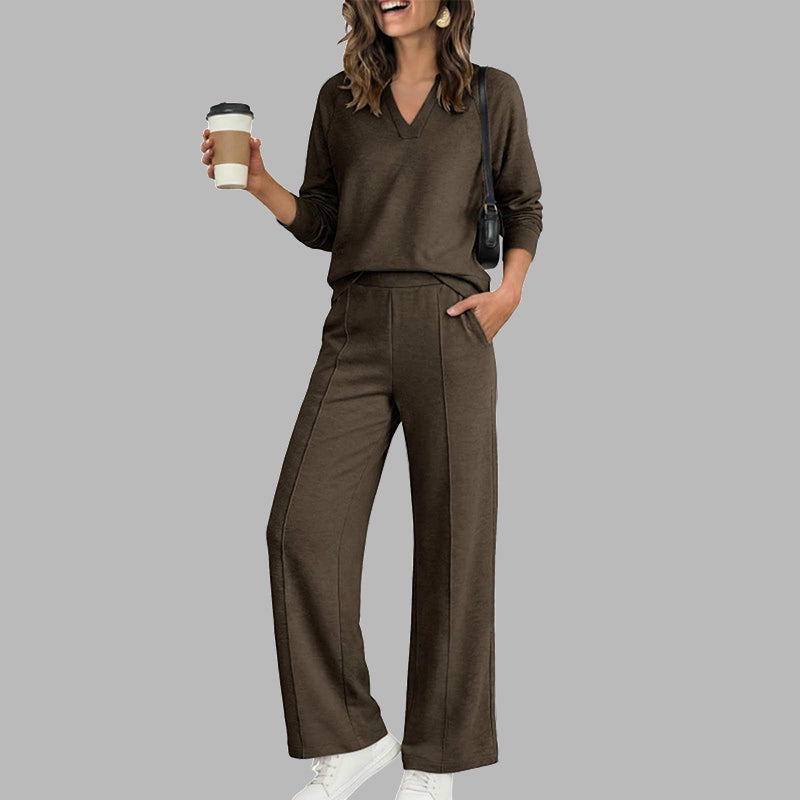 Women's Casual V-Neck Top & Wide-Leg Pants