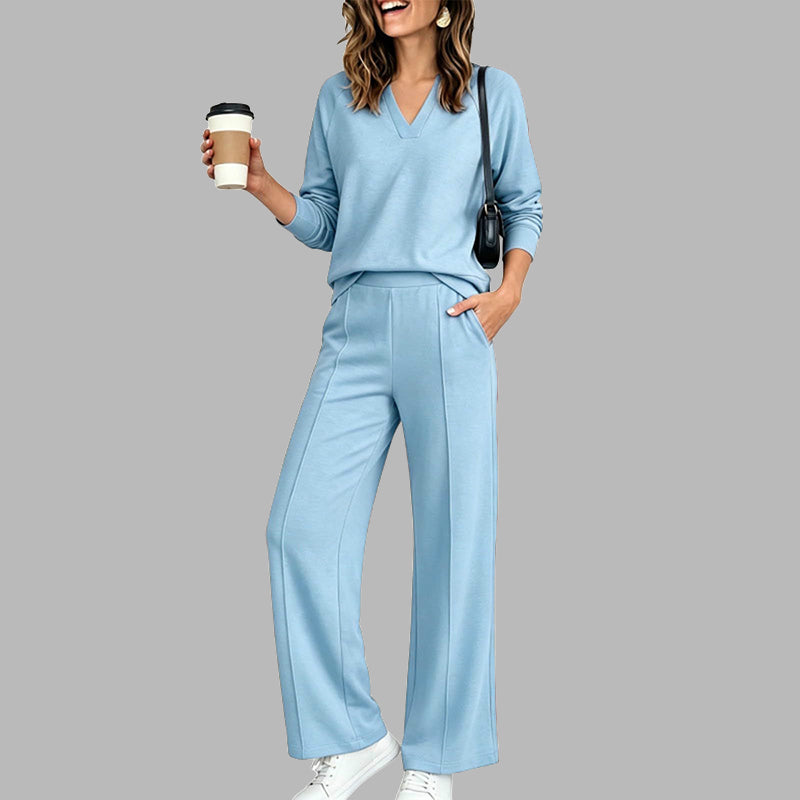 Women's Casual V-Neck Top & Wide-Leg Pants