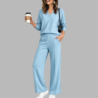 Women's Casual V-Neck Top & Wide-Leg Pants