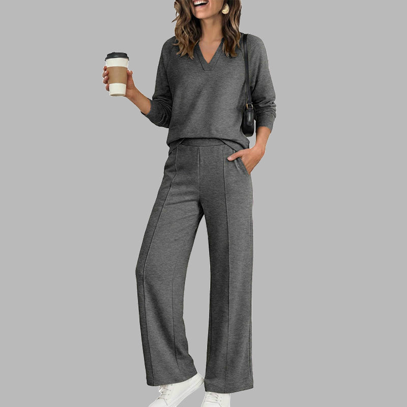 Women's Casual V-Neck Top & Wide-Leg Pants
