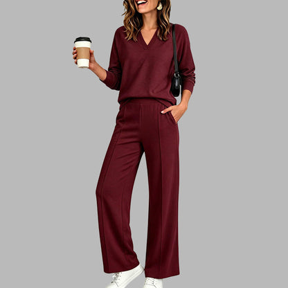 Women's Casual V-Neck Top & Wide-Leg Pants