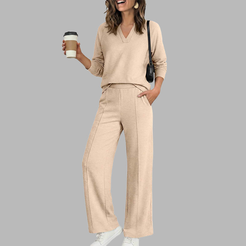 Women's Casual V-Neck Top & Wide-Leg Pants