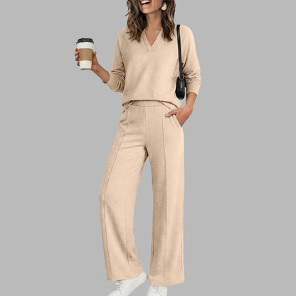 Women's Casual V-Neck Top & Wide-Leg Pants