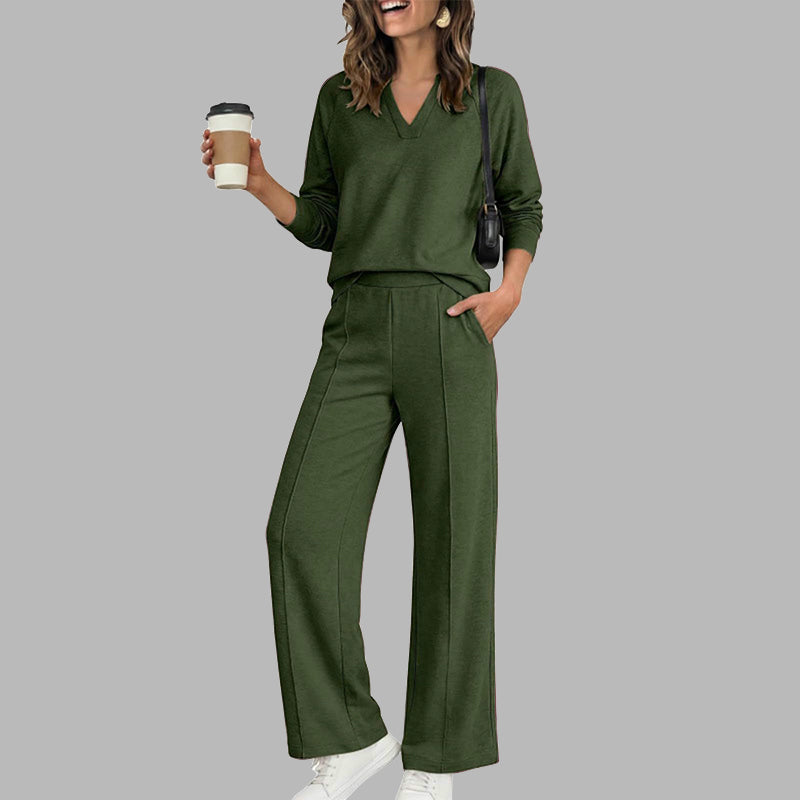 Women's Casual V-Neck Top & Wide-Leg Pants