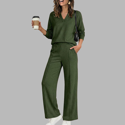 Women's Casual V-Neck Top & Wide-Leg Pants