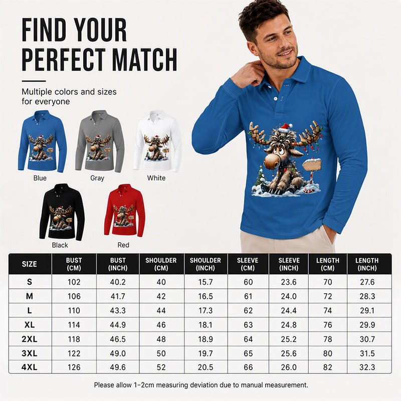 Men's Moose Print Long Sleeve Collared Top