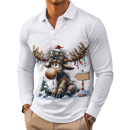 Men's Moose Print Long Sleeve Collared Top
