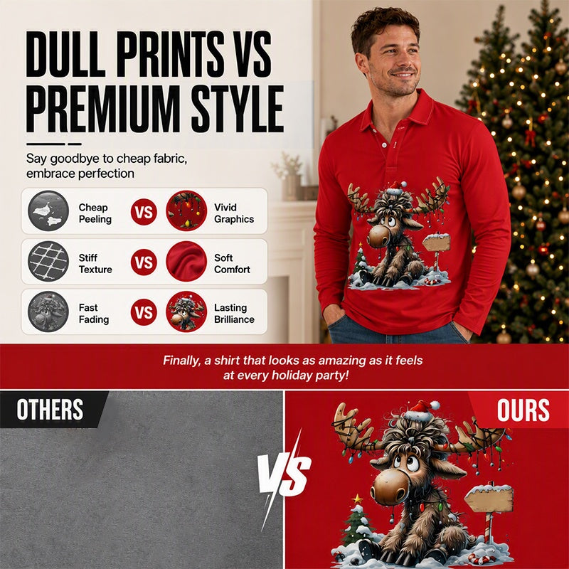 Men's Moose Print Long Sleeve Collared Top