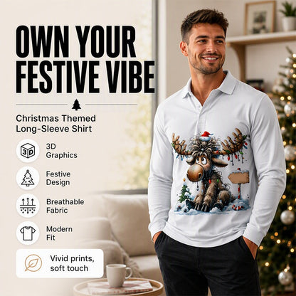 Men's Moose Print Long Sleeve Collared Top