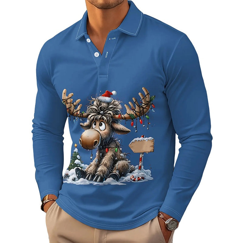 Men's Moose Print Long Sleeve Collared Top