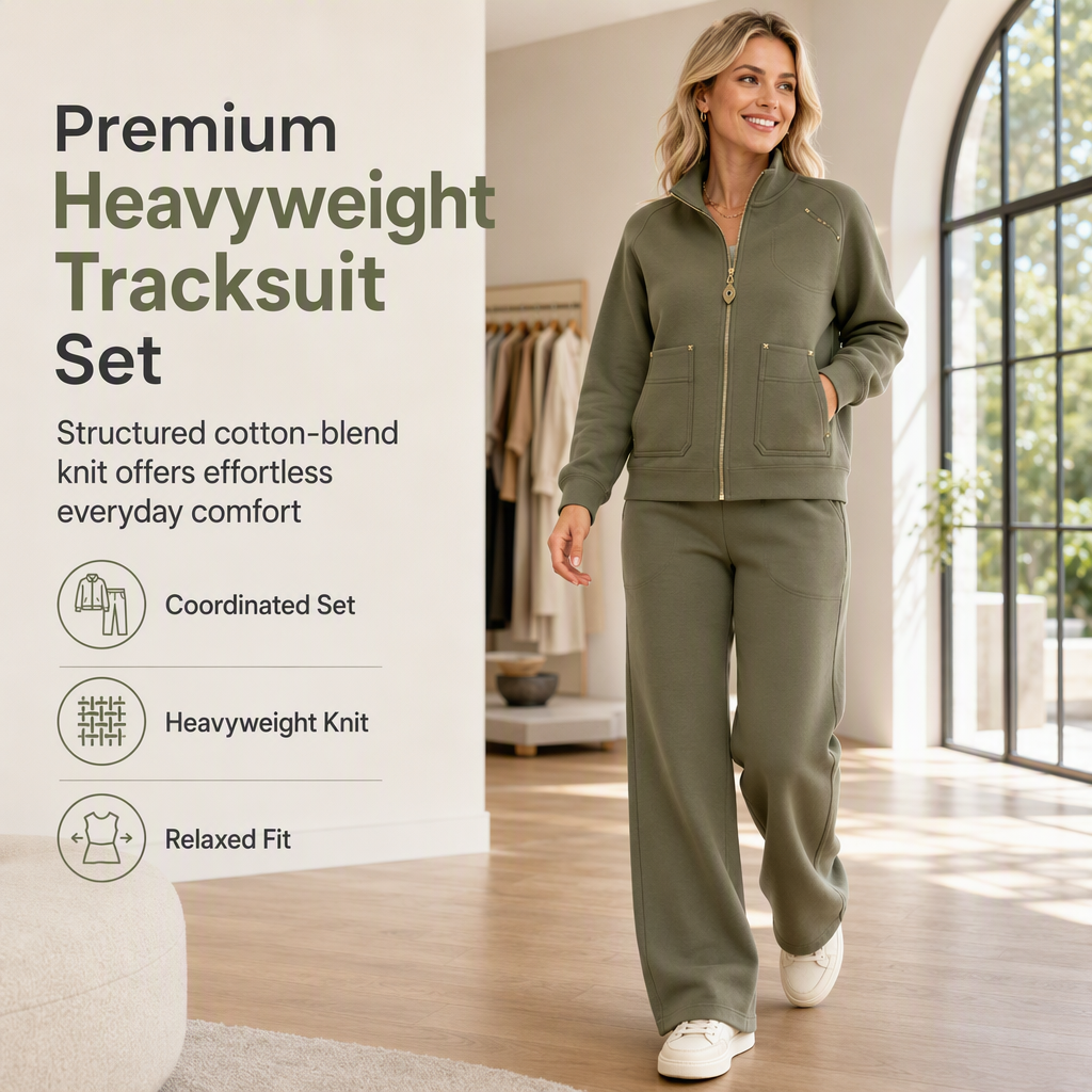 Women's Heavyweight Cotton-Blend Two-Piece Tracksuit Set with Zip-Up and Wide-Leg Pants
