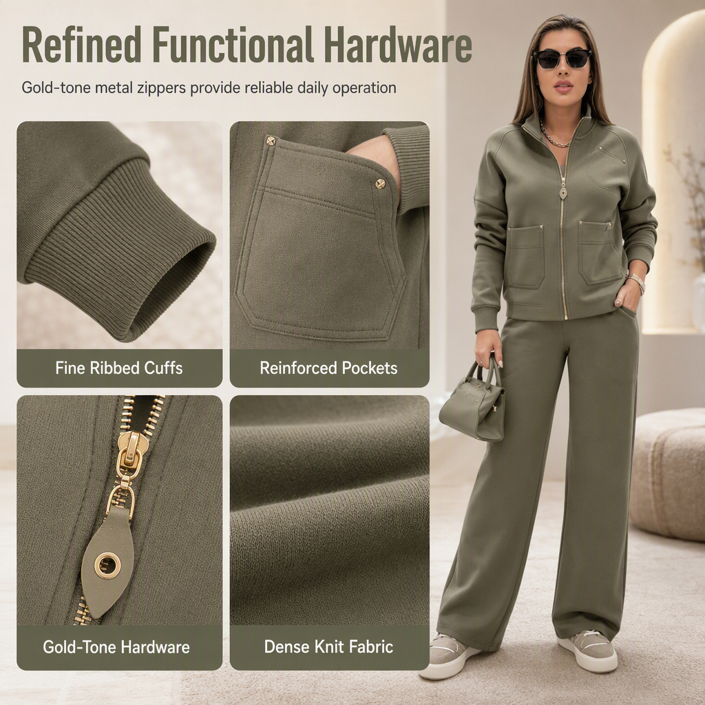 Women's Heavyweight Cotton-Blend Two-Piece Tracksuit Set with Zip-Up and Wide-Leg Pants
