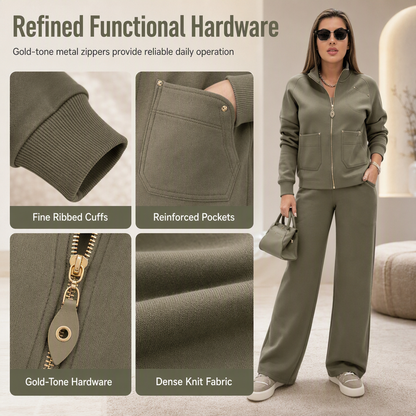 Women's Heavyweight Cotton-Blend Two-Piece Tracksuit Set with Zip-Up and Wide-Leg Pants