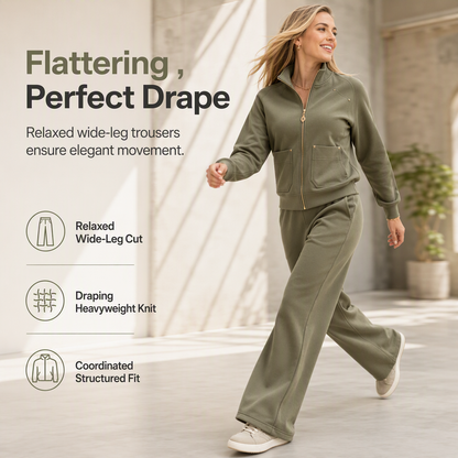 Women's Heavyweight Cotton-Blend Two-Piece Tracksuit Set with Zip-Up and Wide-Leg Pants