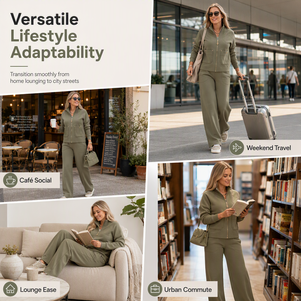 Women's Heavyweight Cotton-Blend Two-Piece Tracksuit Set with Zip-Up and Wide-Leg Pants